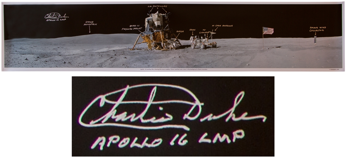 Charlie Duke Signed 40'' x 8'' Panoramic Photo of the Moon During the Apollo 16 Mission -- Duke Also Handwrites Objects in the Photo Including Fellow Astronaut ''John'' Young